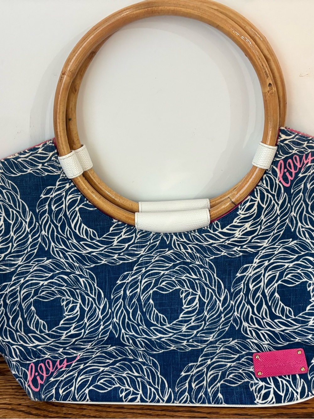 Lilly Pulitzer Beachy Keen Bag True Blue Knots Round Bamboo Handles